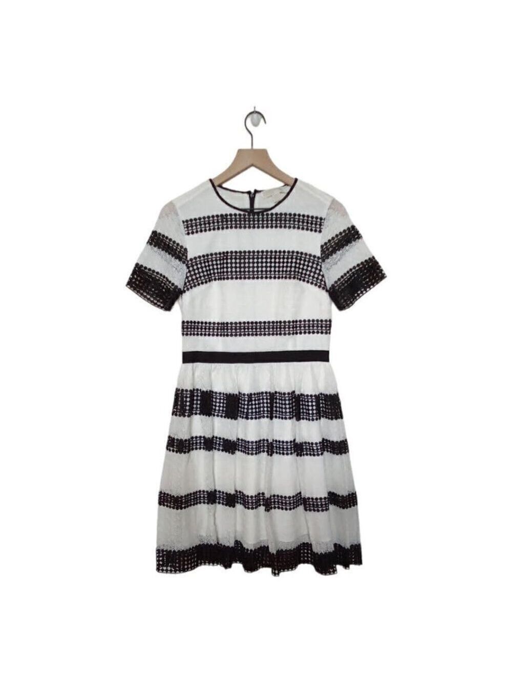 MICHAEL Kors Black & White Striped Crocheted Crew Neck Midi Dress Size 4